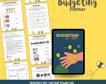 Puede incluir: Una descarga PDF imprimible para un planificador de presupuesto para niños. La portada presenta una mano de dibujos animados sosteniendo libras esterlinas británicas y una abeja volando hacia un fondo amarillo. El texto "Budgeting for Kids" está en un cuadro azul.