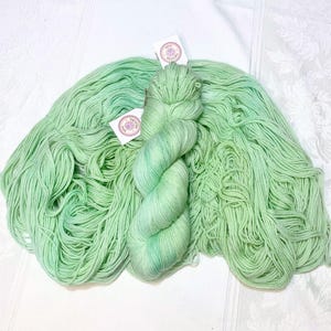 May include: A skein of light mint green yarn displayed alongside a loose, unraveled hank of the same color. Two small white rectangular tags with a circular pink logo featuring a paw print are attached to the yarn, providing branding details.