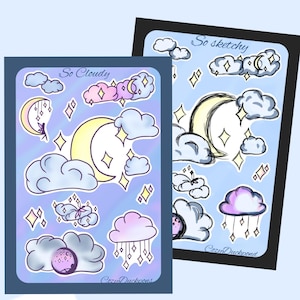Könnte beinhalten: Zwei Stickerbögen mit Himmelsmotiven. Einer trägt den Titel "So Cloudy" und der andere "So sketchy". Beide haben einen hellblauen Hintergrund mit Illustrationen von Monden, Wolken und Sternen in Pastellfarben. Der Name des Künstlers, CozyDuckpond, steht unten.