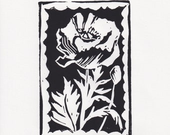 Hand Printed Linocut Poppy, Block Print, Original, Poppy Lover, Black and White Art, Original Print, Flower love