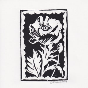 Poppy Block Print Hand Printed Original Art Poppy Lover Gift Black and White Decor Wall Art Flower Lover Gift Easter Basket Mother&#39;s Day