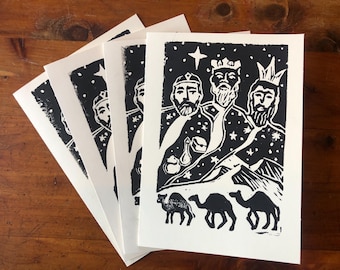 Three Kings Christmas Cards Set of 4 Christmas Cards Block Print Hand Printed Unique Three Wise Men Magi Christmas Story Nativity Christian