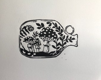 Mushrooms in a Bottle Linocut Print- Hand printed Linocut, Fly Agaric, Black and White, Whimsical Art
