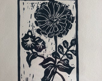 Hand Printed Linocut Zinnia and Morning Glory in Dark Navy Blue , Block Print, Original, Zinnia Lover, Original Print,