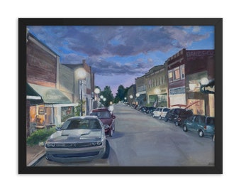 Small Town Downtown at Night Art Print Framed, Americana, Cityscape, Home or Office Decor,