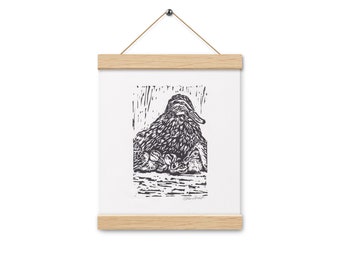 Mama Duck and Ducklings Linocut Art Print with Hanger