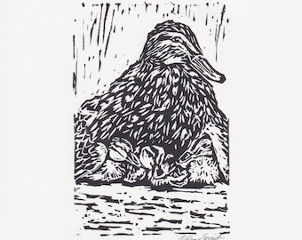 Hand Printed Linocut Mama Duck and Ducklings, Block Print, Original, Duck Lover, Black and White Art, Original Print