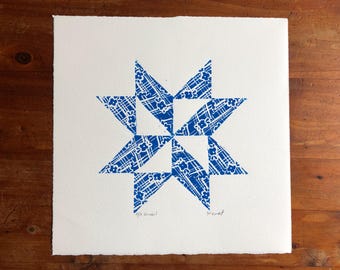 Edredón rojo vintage con estrella, grabado en linóleo, arte original impreso a mano, regalo, decoración americana, decoración de cocina, pared, patriótico, EE. UU., memorial del 4 de julio.