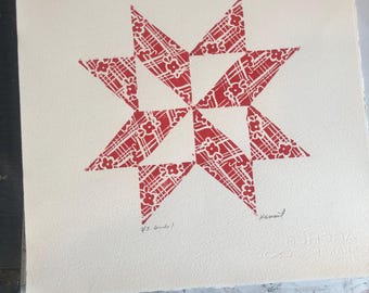 Rode vintage quilt ster linosnede print originele kunst hand gedrukt cadeau Americana decor keuken decor muur patriottische USA Memorial 4 juli