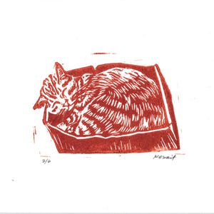 Impresión en bloque de gato naranja acurrucado en una caja, regalo de arte original, decoración en naranja y blanco para amantes de los gatos, regalo para la habitación de los niños, regalo para el día de la madre, regalo de Pascua