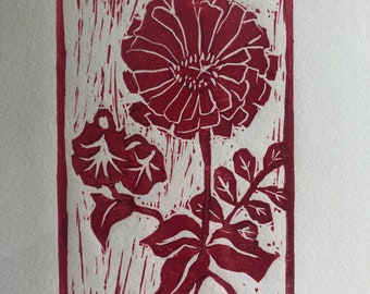 Linocut Zinnia y Morning Glory impresos a mano en rosa fuerte, impresión en bloque, original, amante de Zinnia, impresión original,