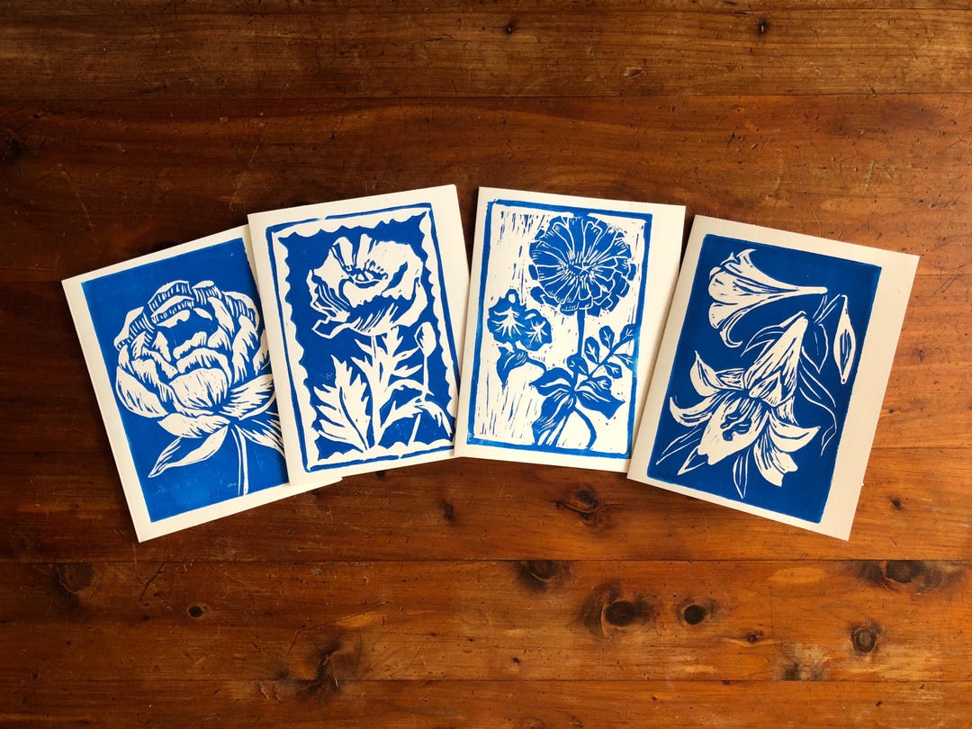 Linocut Floral Cards Set of 4 Poppy Peony Lily and Zinnia Cards Block ...