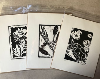 3 Hand Printed Linocut Prints-Your choice of 3: Owl, Racoon, Poppy, Dragonfly, Turtle, Duck and Ducklings,