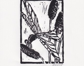 Hand Printed Linocut Dragonfly, Block Print, Original, Dragonfly Lover, Black and White Art, Original Print