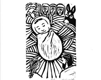 Nativity Christmas Story Block Print Hand Printed Art Baby Jesus Christian Gift  Mom Gift Christmas Art Decor New Home Original Linocut Art