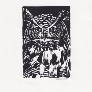 Owl Block Print Original Art Gift Owl Lover Black and White Decor Housewarming Gift Animal Lover Gift Naturalist Nature Art Bird Watcher