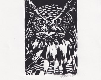 Hand Printed Linocut Owl, Block Print, Original, Owl Lover, Black and White Art, Original Print