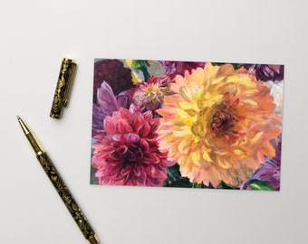 Bunch of Dahlias Postcard, bright and cheery, flower lover, gift, small art