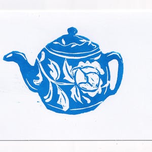 Blue Teapot Card Tea Lover Card Get well Feel Better Card Just Because Card Thinking of You Hand Printed Linocut Print Unique Gift Card