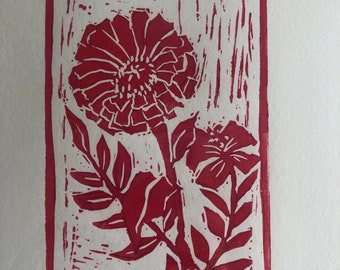 Linocut Zinnia y Periwinkle impresos a mano en rosa fuerte, impresión en bloque, original, amante de Zinnia, impresión original,