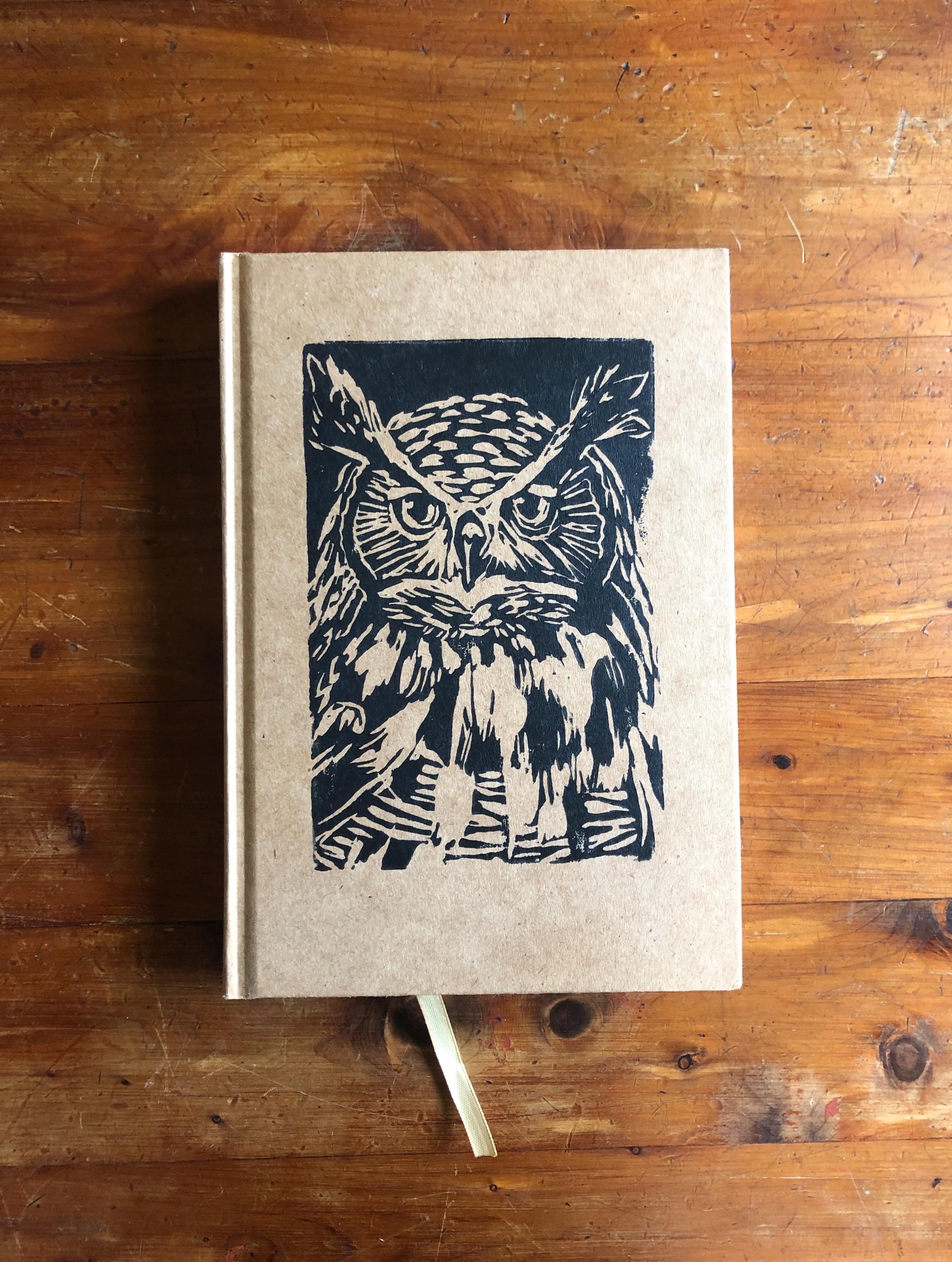 Hardcover Owl Journal Notebook Hand Linocut Printed Writers Gift Christmas Present Owl Lover Sketchb