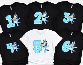 Blue Dog Shirt,Shirts Personalized  Age Shirts 1-2-3-4-5-6-7-8-9-Years Old Toddler,Birthday Boy Family Shirt