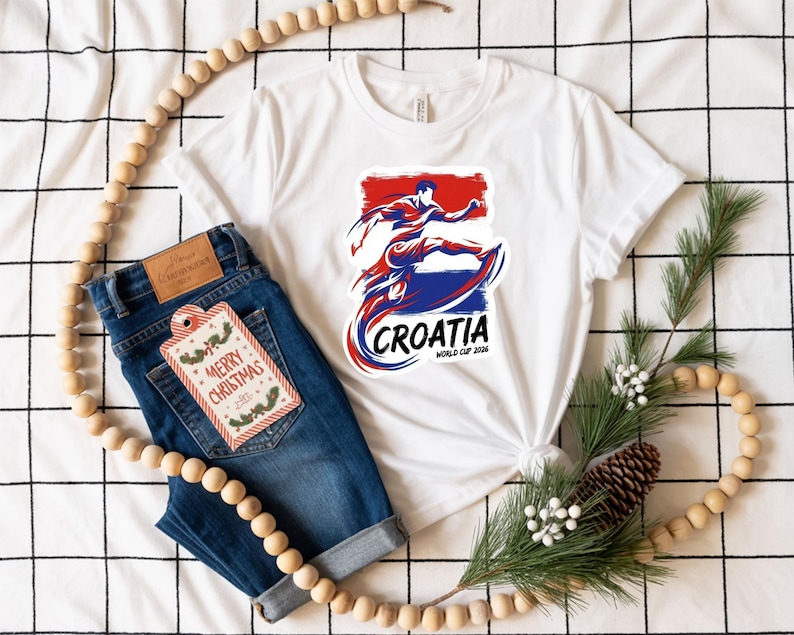 a white t-shirt with a graphic of a surfer, a pair of blue jeans, and a Christmas ornament.