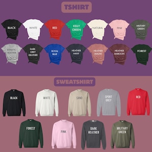 a collection of various t-shirt designs in different colors and styles, including military green, black, white, red, green, natural, pink, and forest.