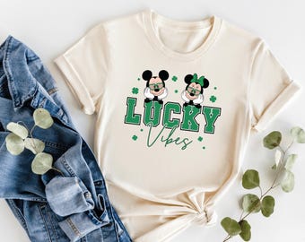 Lucky Vibes Shirt, St Patricks Day Lucky Vibes Tee, Mickey & Minnie, Cute Green Shamrock Graphic T-Shirt, Irish Holiday Outfit