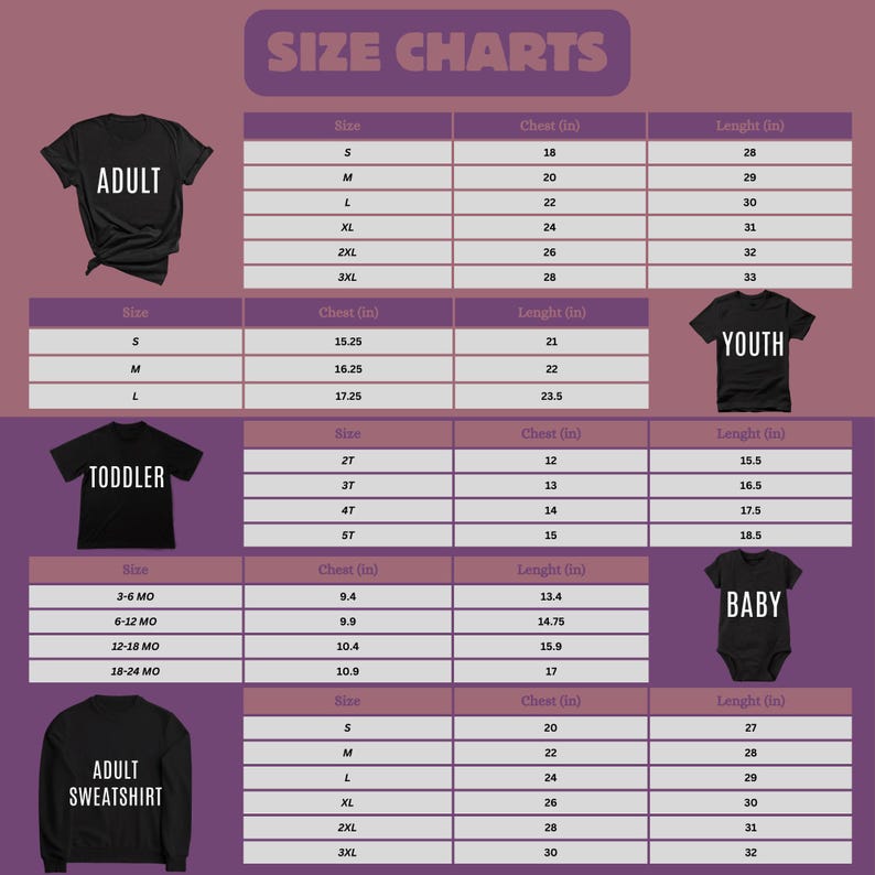 a size chart for children's clothing, including sizes for different age groups such as toddler, youth, and baby. The chart provides measurements for chest, length, and waist sizes for each age group.