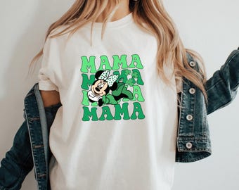 Mama Mama Mama St Patricks Day Shirt, Lucky Green Mouse Girl Tee, Shamrock Bow Graphic T-Shirt, Irish Mama Gift