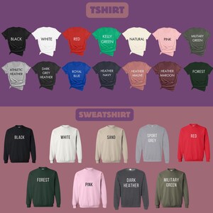 a collection of various t-shirt designs in different colors and styles, including military green, black, white, red, green, natural, pink, and forest.