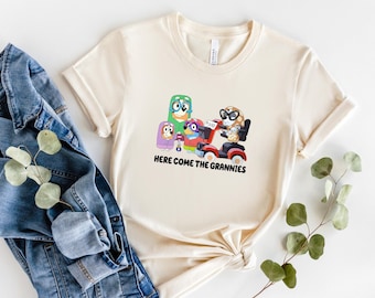 Kids Grandma Cartoon Shirts,Blue Dog Grannies ,Cute Family T-shirt,Blue Cartoon tees,Blue Family Shirt
