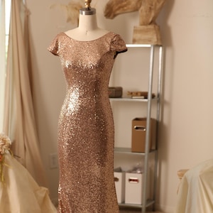May include: A floor-length, rose gold sequin gown with a cap sleeve design. The dress is displayed on a mannequin, showcasing its fitted bodice and flared skirt. The gown's shimmering sequins create a glamorous look, perfect for formal events.