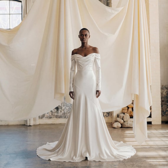 silk flowing wedding dresses Off Shoulder Wedding Dress, Silk Satin Mermaid Bridal Gown, Long Sleeve  Draped, Formal Bridal, Minimal Modern Bride Dress | Aria