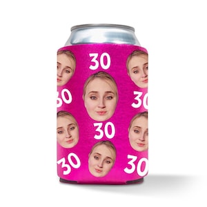 Birthday Can Coolers, 30th Birthday, Custom Birthday Can Cooler bachelorette party favor Custom Face Can Cooler, Soda Can Cover