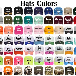 May include: A collection of baseball caps in various colors, including white, black, navy, and green. Each hat features a curved brim and a snapback closure. The text "Hats Colors" is displayed at the top.