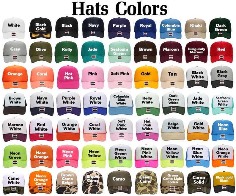 May include: A collection of baseball caps in various colors, including white, black, navy, and green. Each hat features a curved brim and a snapback closure. The text "Hats Colors" is displayed at the top.