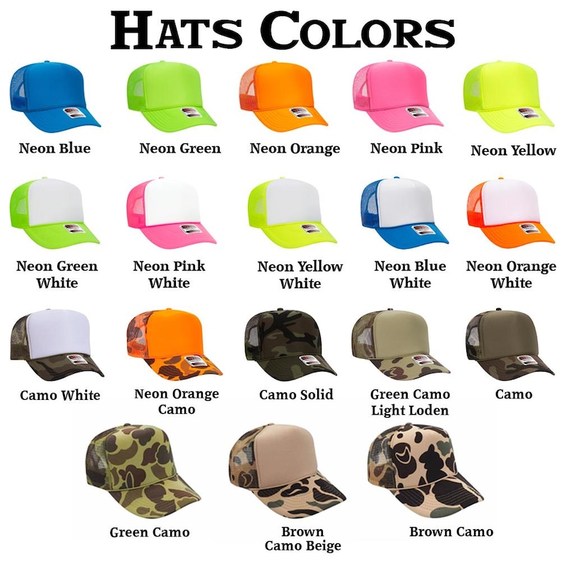 May include: A collection of baseball caps in various colors and patterns. The caps include neon colors like blue, green, orange, pink, and yellow, as well as camo and solid designs. The text "HATS COLORS" is at the top.