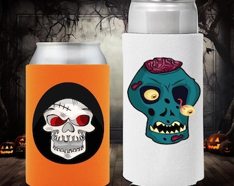 Zombie & Skull Halloween Can Cooler Set: Spooky Drink Sleeves
