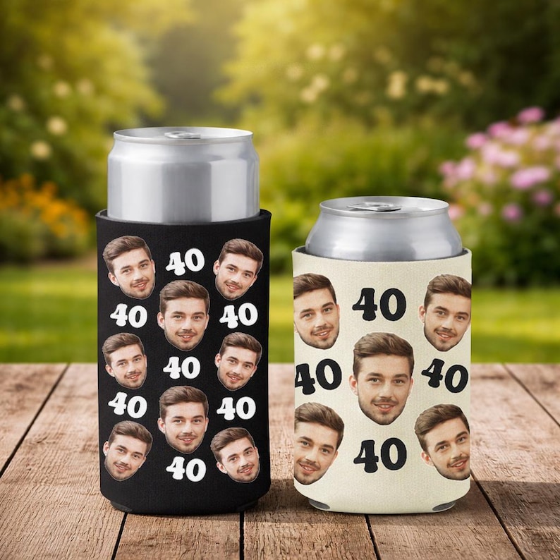 Personalized Photo Can Cooler, Custom Insulated Beer Hugger, 40th Birthday Can Cooler, Birthday party Cooler image 1