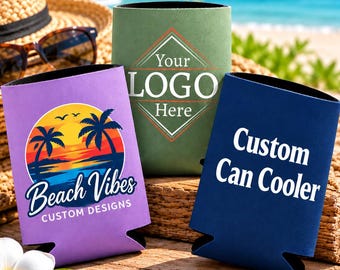 May include: Three foam can coolers in purple, olive green, and navy blue. The purple cooler features a sunset beach graphic with the text Beach Vibes CUSTOM DESIGNS. The green one displays a diamond logo frame with Your LOGO Here.
