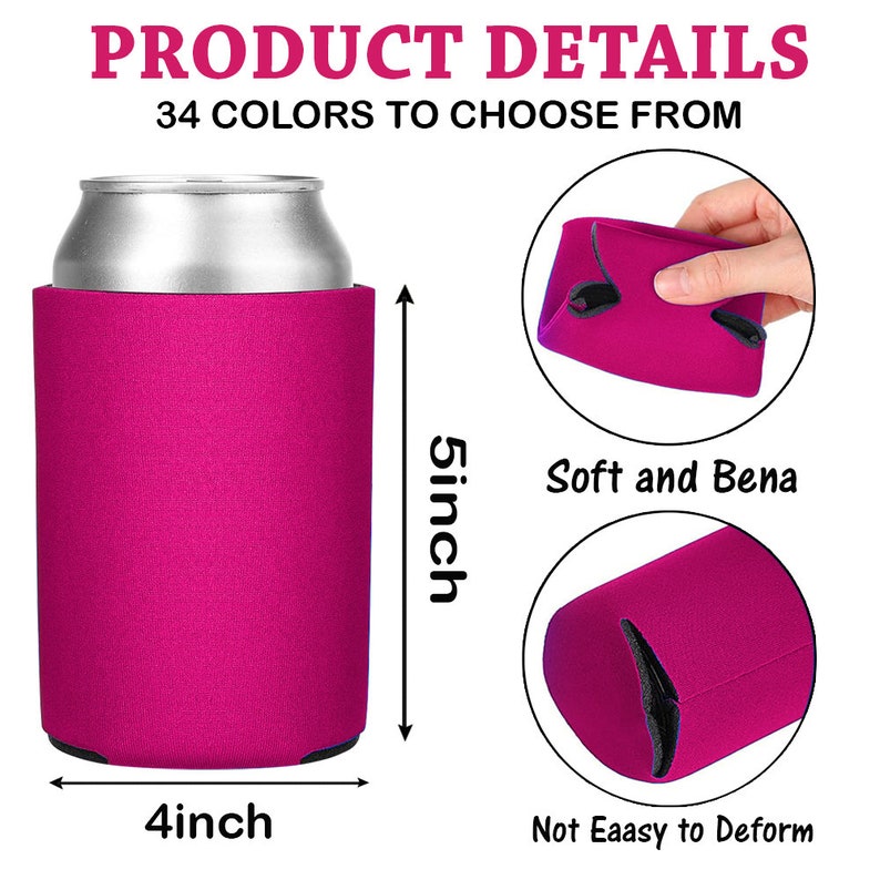 Puede incluir: Un enfriador de latas magenta con el texto "PRODUCT DETAILS" y "34 COLORS TO CHOOSE FROM". El enfriador mide 12,7 cm de alto y 10,2 cm de ancho. La imagen tambi&eacute;n muestra que el enfriador es "Soft and Bena" y "Not Eaasy to Deform".