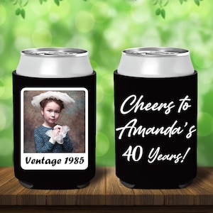 Custom 40th Birthday Can coolers, Personalized Party Favor Vintage 1985 Photo & Text, Customizable Beer Sleeve, Birthday Drink Bottle Holder