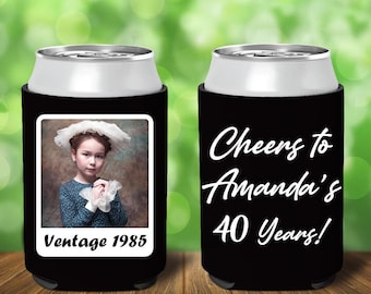 Custom 40th Birthday Can coolers, Personalized Party Favor Vintage 1985 Photo & Text, Customizable Beer Sleeve, Birthday Drink Bottle Holder