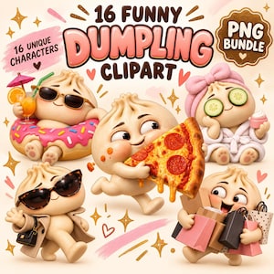 May include: A digital PNG bundle featuring 16 funny dumpling characters. The image displays four dumplings: one in a doughnut floatie with a drink, one eating a pepperoni pizza slice, one wearing sunglasses and a trench coat, and one holding shopping bags.