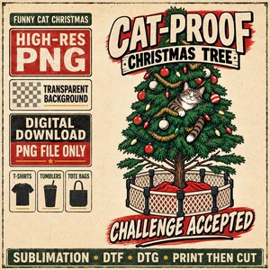 Może przedstawiać: Cyfrowy projekt graficzny przedstawiający choinkę z kotem pręgowanym w środku, otoczoną ochronnym płotkiem. Tekst głosi CAT-PROOF CHRISTMAS TREE oraz CHALLENGE ACCEPTED. Zawiera etykiety dla plików PNG w wysokiej rozdzielczości, przezroczystego tła i pobierania.