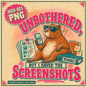 Peut inclure: Une illustration numérique d'un capybara brun portant des lunettes de soleil, tenant un smartphone et assis à côté d'une pile de documents et d'un classeur bleu marqué EVIDENCE. Le texte indique UNBOTHERED, BUT I SAVED THE SCREENSHOTS et HIGH-RES PNG.