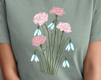 January Birth Month T Shirt Pink Carnations and Snow Drops Cottagecore Bouquet Comfort Colors Unisex  T-shirt