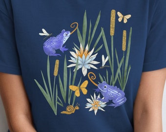 Frog T Shirt Cottage Core with Butterflies, Dragonflies, Snails and Lilies Purple and Blue Comfort Colors Unisex T-shirt